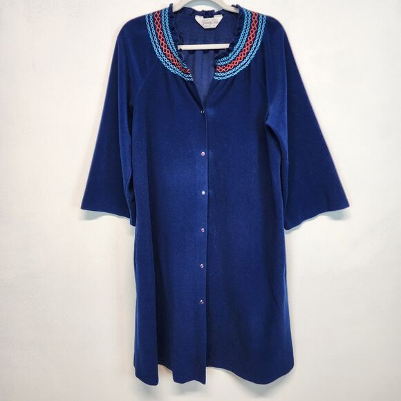 Vintage Vanity Fair Velour Housecoat Robe Size M Blue Button Up Long Sleeve - Picture 12 of 13